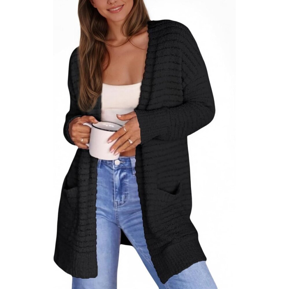 Women Fuzzy Knit Long Cardigan Open Front Pockets Cozy Fall Winter Wear